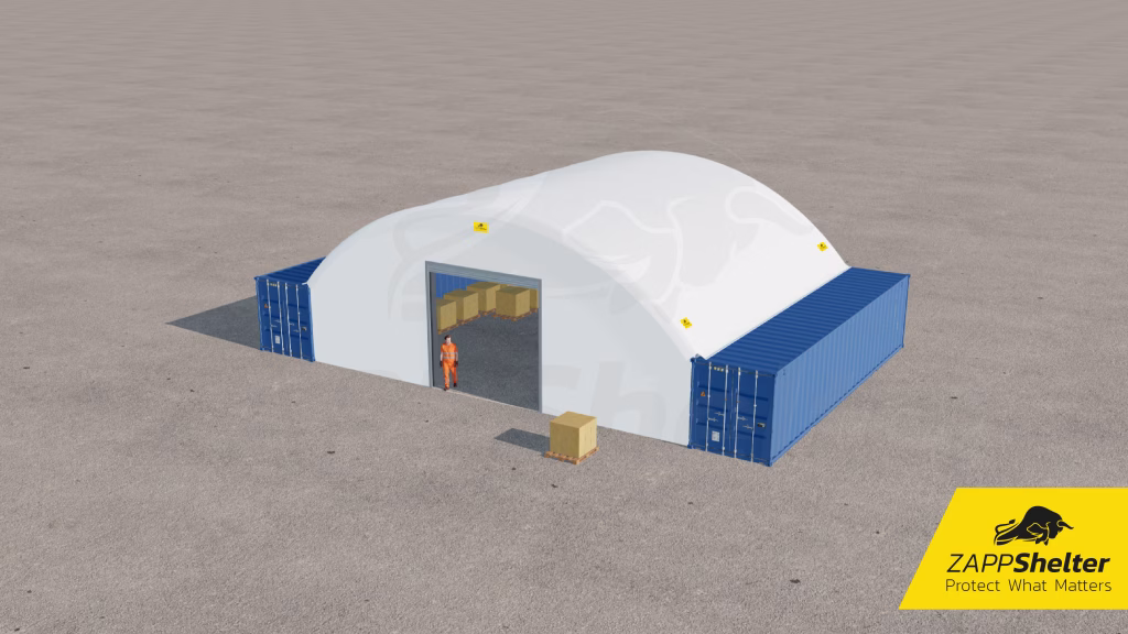 A fully enclosed Zappshelter providing secure weatherproof storage for BMI Redland roofing products.