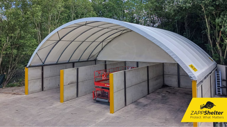 A cost-effective and weatherproof aggregate storage shelter installed for Dragon Asphalt.