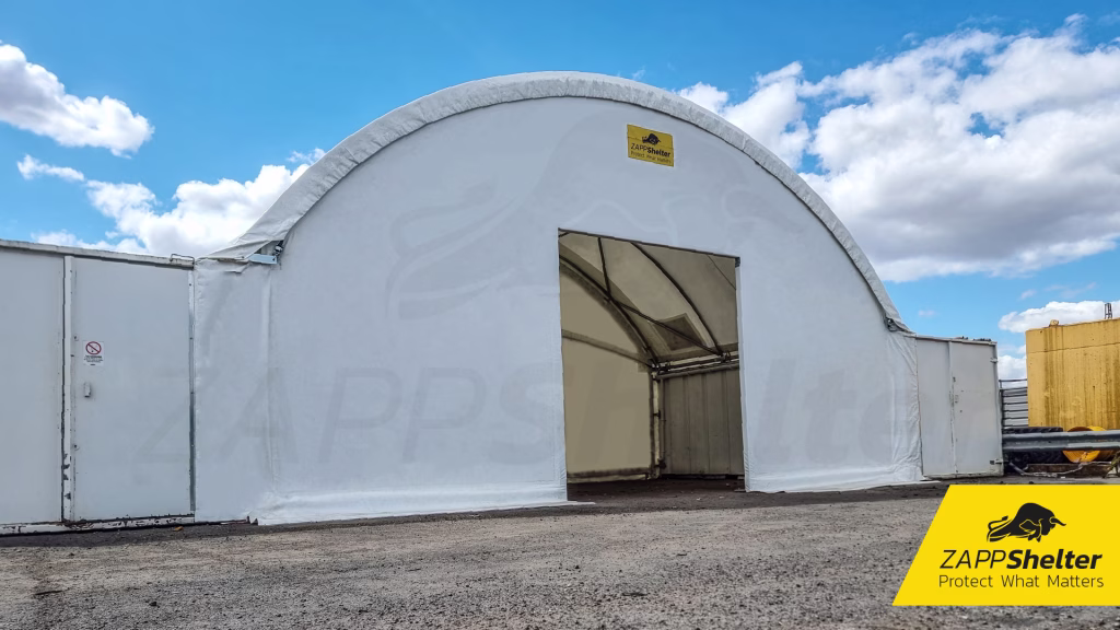 Fully enclosed Zappshelter providing depot storage expansion at the Sunbelt Rentals Immingham site.