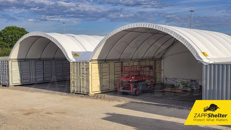 A container-mounted Zappshelter providing a covered site briefing area for the Waitings Ltd team.