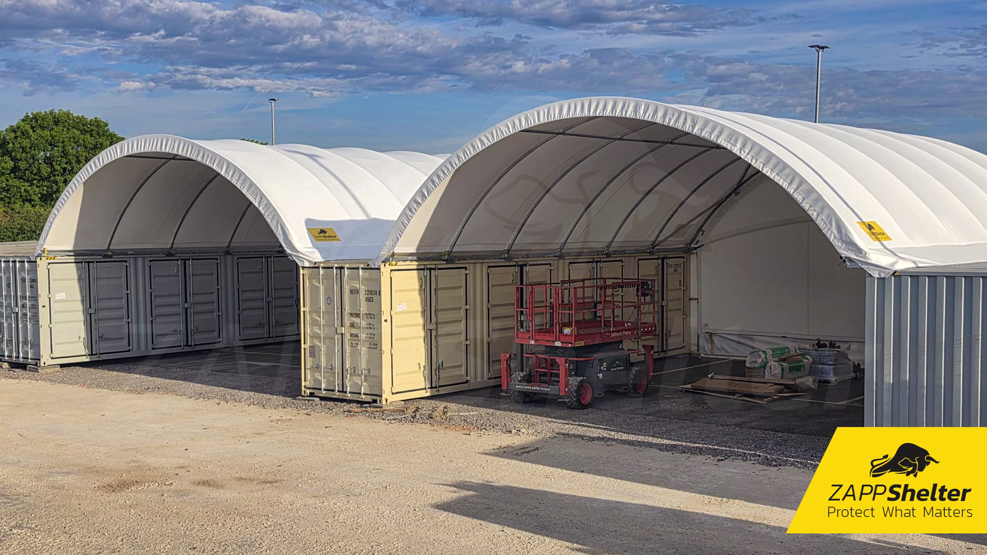 A container-mounted Zappshelter providing a covered site briefing area for the Waitings Ltd team.